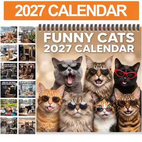 2027 funny Cat Calendar12 Months Spiral Binding 7.87x7.87in Thick Paper Monthly Pet Calendar Decorat