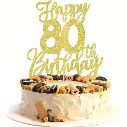 1PCS Gold Happy 80th Birthday Cake Topper-Cheers to 80 Years Eighty Hello 80 Cake Decoration for Bir
