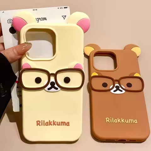 3D Glasses Rilakkuma Bear Cartoon Silicon Soft Phone Case for iPhone 16 Pro Max 14 Pro 15 Plus 13 12