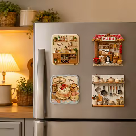 3D Relief Cat House Bakery Coffee Shop Refrigerator Magnets Retro Resin Miniature Scene House Decor 