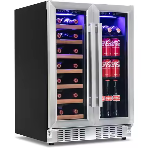 24" Dual Zone Wine and Beverage Refrigerator, 20 Bottle & 78 Can, French Door Built-In Fridge with L