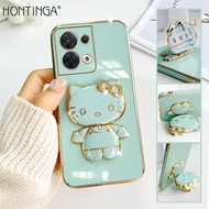 Hontinga Casing Case For OPPO Reno8 Pro 5G Reno 8 Pro 8Z 5G Case With Hello Kitty Stand Fashion Solid Color Luxury Chrome Plated Soft TPU Square Phone Case Full Cover Camera Protection Casing Anti Gores Rubber Cases For Girls