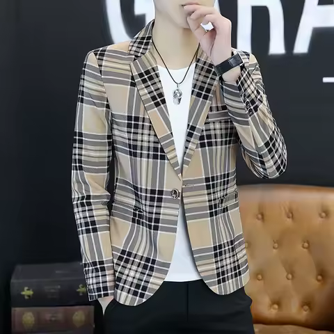 Slim Fit Plaid Men's Suit Jaet Autumn Faionable Student Casual Outerwear Versatile Trendy Long Sve r