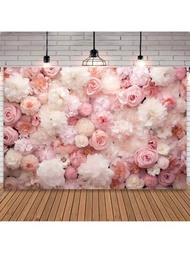 1個5x3英尺花卉牆背景,春天粉白色玫瑰肖像橫幅攝影背景,婚禮花卉牆新娘淋浴派對裝飾,攝影棚道具橫幅裝飾,產品尺寸100厘米 *150厘米
