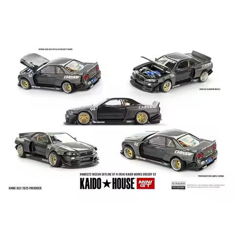 PreSale KHMG 222 1:64 Nissan Skyline GTR R34 Kaido Works GReddy V2 Car Model Openable Hood Diecast K