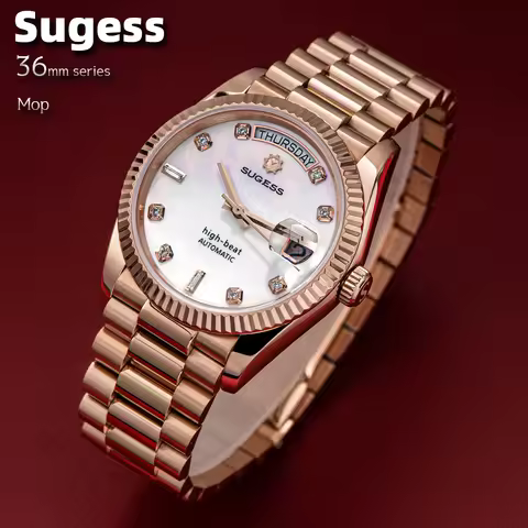 Sugess Watch of Men 36mm Date Automatic Retro Mechanical Wristwatches Sapphire Crystal RoseGold Dand