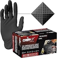 GRIPXX 8 Mil Black Nitrile Gloves - Heavy Duty, 3D Raised Diamond Texture Grip - Latex-Free &amp; Powder-Free - Industrial, Mechanic, Food Service - Disposable Gloves for Tough Tasks