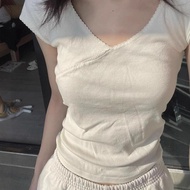 Pure Desire White V-Neck Flutter Sleeve T-Shirt - Summer Slim Fit for Women