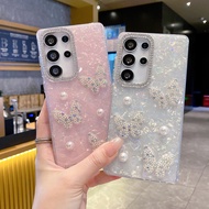 IMD Laser Pattern Phone Case For Samsung 24 25 FE Plus Ultra Fashion Pearl Bow Diamonds Protection C