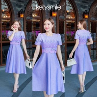 Kety Smile ชุดเดรสผ้าทอลาย คอกลม เอวหยักแต่งโบว์ กระโปรงบานทรงย้วย งานอัดกาวทั้งชุดทุกชิ้น น่ารักมาก