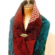 純手作日本古董西陣織紅色傳統花紋孔雀綠幾何拼接撞色圍巾披肩