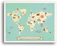 Global Compassion World Map, 36 x 24, Wall Art Print for Children Newborns Toddlers Kids Boho Style Poster Continents North South America Asia Europe Africa Panda Elephant Tiger,Koala Fox Rhino Forest