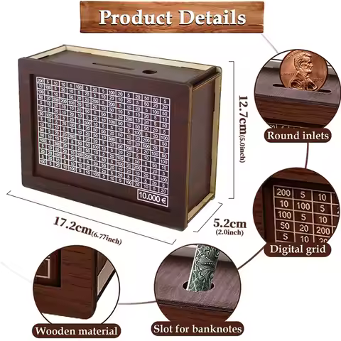 Money Box Wooden Japanese Piggy Bank with Saving Goal and Numbers Boxes Reusable Coin Case 1000/2000
