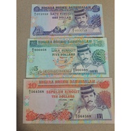 1989 Brunei 1 Dollar + 5 Dollars + 10 Dollars Set of 3 Banknotes Gem UNC Embossing Collection Collec