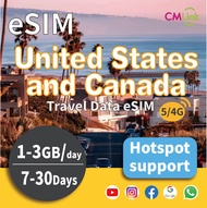 United States and Canada  Travel eSIM Card: 90GB High-Speed Unlimited Data for 7-30Days 1/2/3GB Dail
