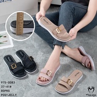 Women's Jelly Sandals with 2 Same Stripes, Gold Buckle, Thick Sole, Super Soft, Luxurious Trendy Imp
