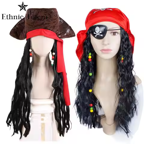 Captain Pirate Brown Hat Wig for Adult Jack Sparrow Faux Leather Hats with Hair Halloween Cosplay Co