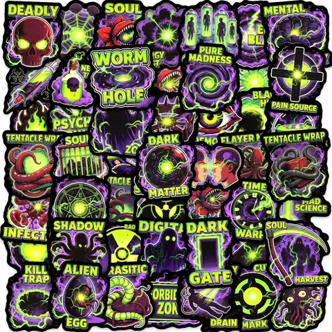 50 Pcs Purple Green Fluorescent Sci-Fi Demon Theme Stickers, Student Scrapbook Decorate Phone Skate 
