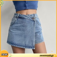 Casual Denim Shorts Plain Fake 2 In 1 Asymmetrical Pocket Denim Shorts for Women LNE58166