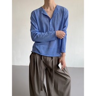Quan Yi Iceland Aurora Sunscreen Long-Sleeved Sweater Henry Collar High-End Blue Linen Breathable B