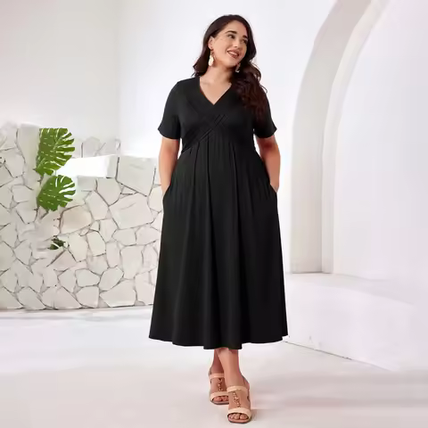 Plus Size Women's Solid V-Neck Short Sleeve A-Line Maxi Long Dress Summer Ladies Party Cocktail Pull