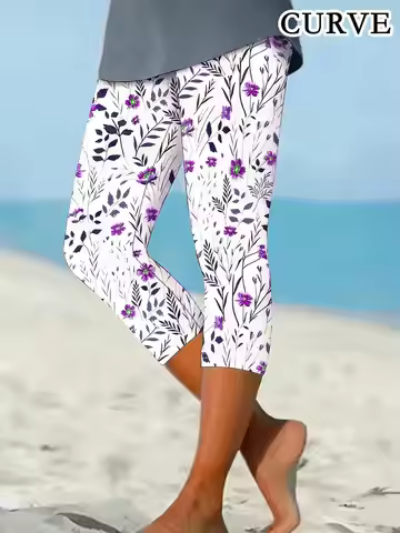 Plus Size 1XL-5XL Women's Fashion Cropped Leggings Ladies Floral Printed Casual Tight Pants Seven-po