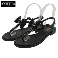 香奈兒 (Chanel) 絎縫鞋底 Coco Mark 水鑽緞帶RIBON平底涼鞋，女款，黑色，36C 碼，G36352Y54201，成色極佳