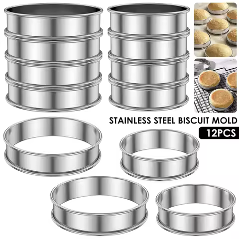 12Pcs English Muffin Rings Stainless Steel Crumpet Rings Nonstick Tart Rings Double Rolled Muffin Ta