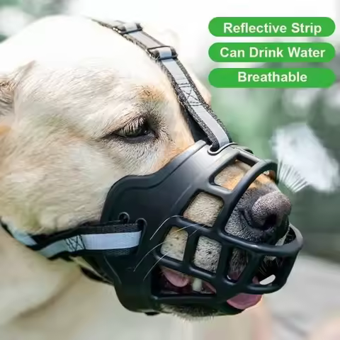 Soft Silicone Dog Muzzle Anti Biting Adjustable Breathable Reflective Strip Allows Drinking Water fo