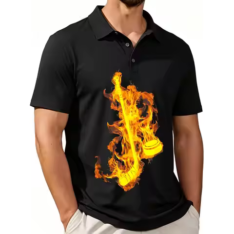 Men's Polo Shirt with Flame Hockey Stick and Flame Player Print, Casual and Comfortable, Fitted Cut