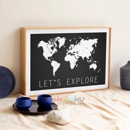 Wall Decoration World Map Wooden Poster Quotes Let's Explore World Map Wall Art Wall Display