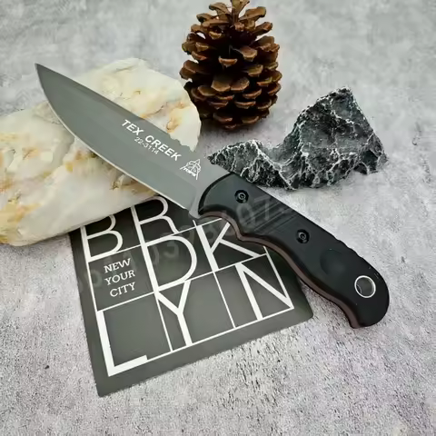 TEX Black Fixed Blade Knife - 8Cr13Mov Blade G10 Handle Outdoor Portable Rock Climbing Rescue Knife 