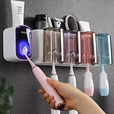 ECOCO Bathroom Toothbrush Holder Organizer with Cup Toothpaste Squeezer Dispenser Wall Storage Rack 