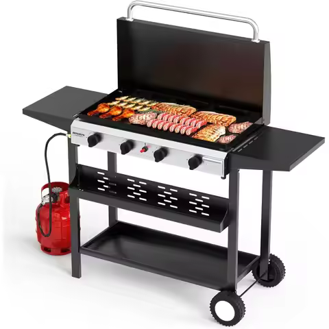 ROVSUN 4 Burner Portable Propane Griddle with Enameled Tray & Lid, 40000 BTU Rolling Flat Top Gas Gr