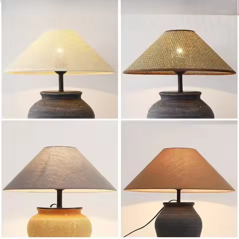 Japanese Zen Rattan Hand Woven Lamp Cover E27 Table Lamp Lampshade Linen Fabric Shell Wabi-Sabi Styl