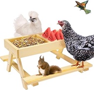 MEWTOGO Chicken Feeder No Waste, Wooden Chicken Picnic Table with 2 Pcs Stainless Steel Mesh Bottom,