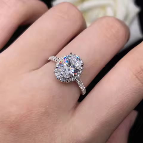 Solid 18K White Gold Au750 Ring 2CT 6*8 mm Oval Cut D Moissanite Diamond Rings White Gold Ring R143