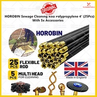 ''HOROBIN'' 4FT x 25 PIECE DRAIN CLEANING ROD WITH 5 ACCESSORIES - 1 SET ( MADE IN ENGLAND )