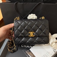 Chanel黑金方胖 荔枝牛皮/雙鏈條經典口蓋包 芯片款