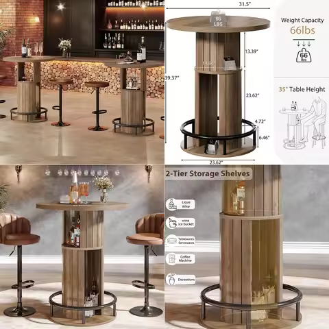 Round Bar Table, 39.4 H Wood Pub Table with Storage amp Metal Footrest, Modern Industrial Bar Height