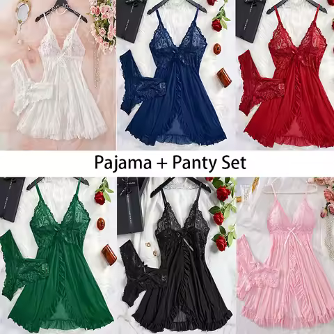 Lace G-string Set Women Lingerie Pajama Kit Transparent Crotchless Dress Mini Underpants Nightwear S