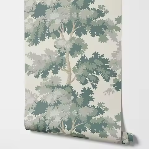 Misty Forest Wallpaper with an antique woven tapestry showing a lush landscape in Green Clor, Scandi