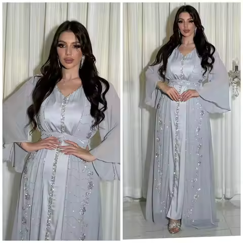 Four-season Commute Muslim Set Fashion Party Dubai Turkey Long Sleeve Chiffon Cardigan Dress and Ves
