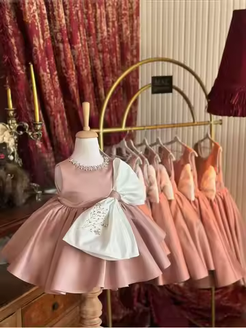 0-12Y Baby Girl Summer Diomand flower Embroidery Pink Dress with Big Bow for Casual Party Holiday B3