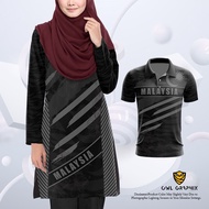 Baju Muslimah Couple Set Malaysia Merdeka Edition 2023 Black Muslimah /Lengan Panjang/Lengan Pendek Full Sublimation Family Day Jersey Baju Muslimah Labuh Plus Size Hitam Oversize