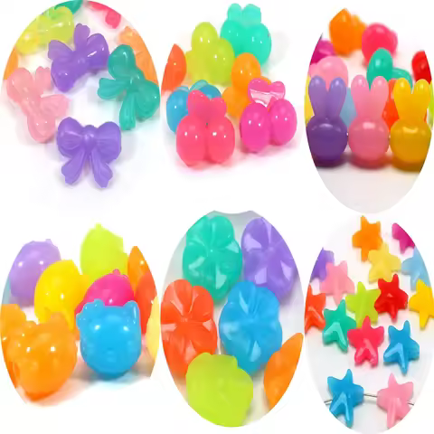 50pcs Mixed Jelly Color Acrylic Various Shape Beads Star Flower Cat Kids Crafts