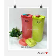 Tupperware Smiley Fridge Water Bottle (2) 2L (Green and Red) + 2 Strainer