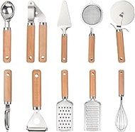 10 Stainless Steel Kitchen Tools Set for Cooking, Pizza Cutter, 2 Cheese Grater, Mesh Strainer, Whisk, Turner, Peeler,Garlic Crusher, Bottle Opener, Ice-cream Spoon - Wood Handle, Food Grade