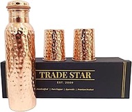 Trade Star 34 Oz Pure Copper Water Bottle for Drinking with 2 Copper Glass Ayurvedic Premium Quality Handcrafted Large Hammered Copper Vessel and Tumbler Set for Healthy Lifestyle