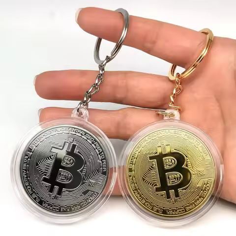 BitCoin Keychain Physical Commemorative BitCoin Keyring Metal Bit Coin with Plastic Case Gold, Silve